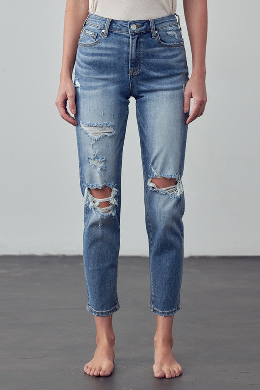 High Rise Distressed Girlfriend Jeans - Tigbul's Variety Fashion Shop