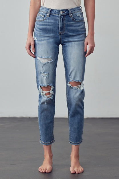 High Rise Distressed Girlfriend Jeans - Tigbul's Variety Fashion Shop