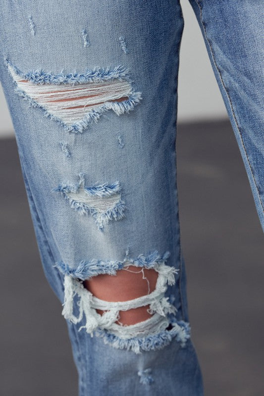 High Rise Distressed Girlfriend Jeans - Tigbul's Variety Fashion Shop