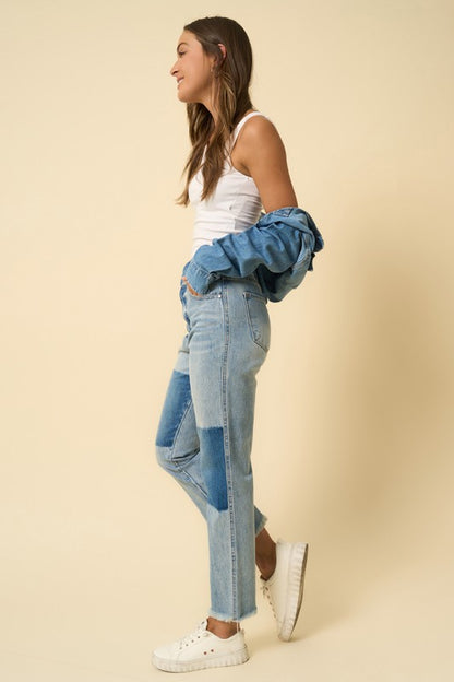 High Rise Frayed Hem Straight Denim Jeans - Tigbul's Variety Fashion Shop