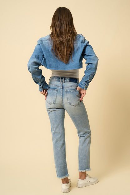 High Rise Frayed Hem Straight Denim Jeans - Tigbul's Variety Fashion Shop