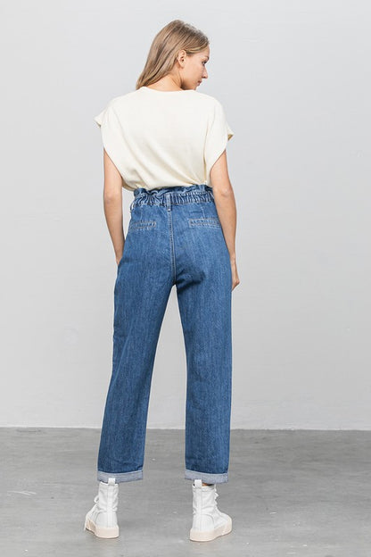 High Rise Paper Bag Waist Slouch Jeans - Tigbul's Variety Fashion Shop