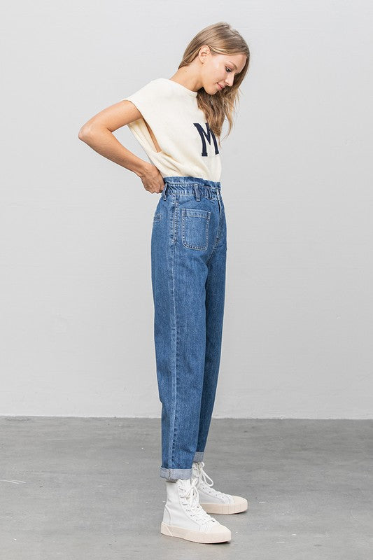 High Rise Paper Bag Waist Slouch Jeans - Tigbul's Variety Fashion Shop