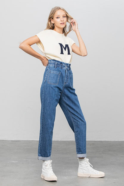 High Rise Paper Bag Waist Slouch Jeans - Tigbul's Variety Fashion Shop