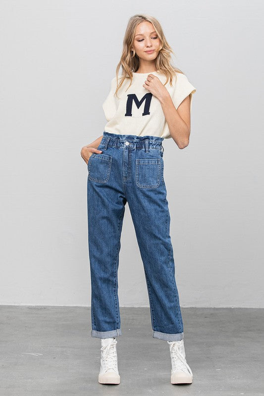 High Rise Paper Bag Waist Slouch Jeans - Tigbul's Variety Fashion Shop
