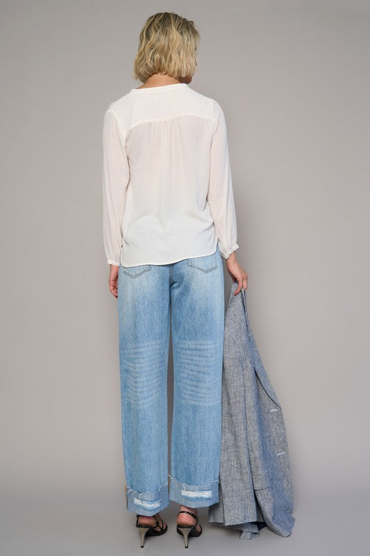 High waist crossover ripped straight jeans, medium wash, distressed back and knees