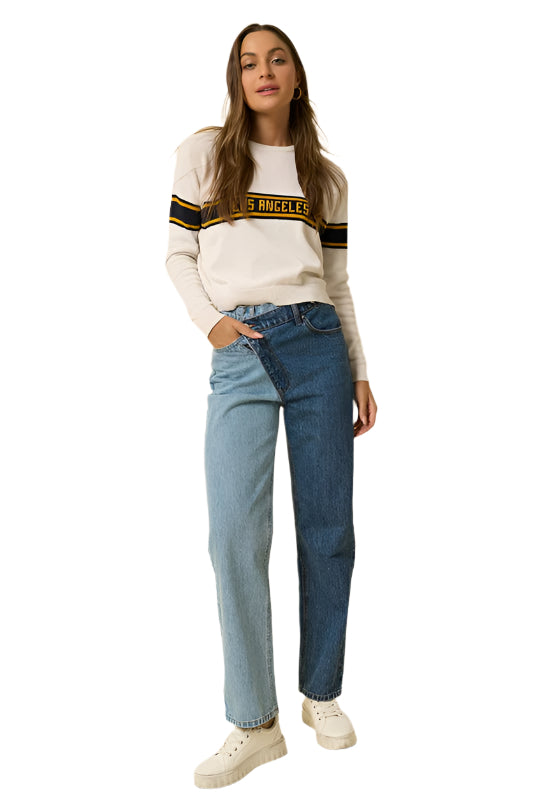 High Waist Light/Dark Wash Combo Crossover Straight Jeans - Tigbul's Variety Fashion Shop