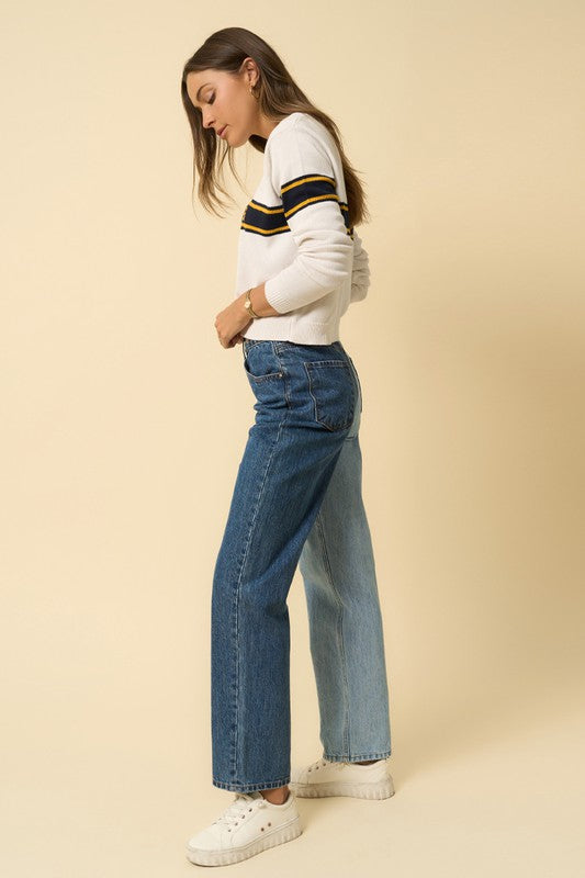 High Waist Light/Dark Wash Combo Crossover Straight Jeans - Tigbul's Variety Fashion Shop