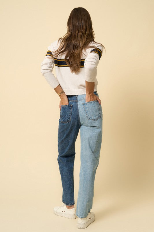 High Waist Light/Dark Wash Combo Crossover Straight Jeans - Tigbul's Variety Fashion Shop