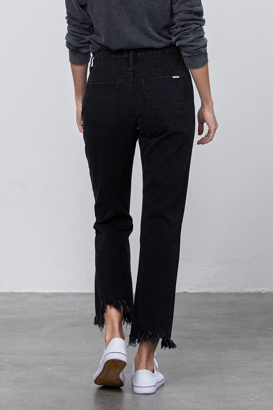 High Waist Ripped Frayed Hem Straight Black Jeans - Tigbul's Variety Fashion Shop