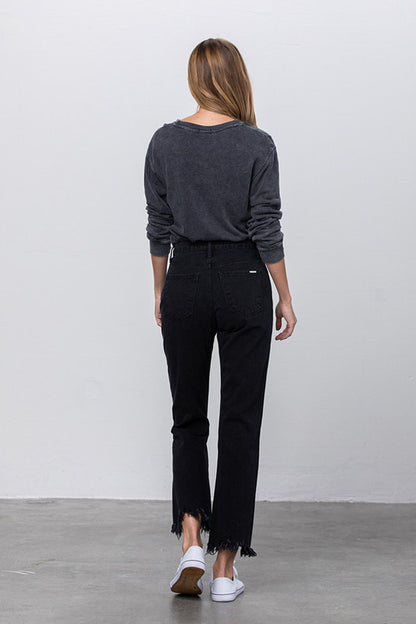 High Waist Ripped Frayed Hem Straight Black Jeans - Tigbul's Variety Fashion Shop