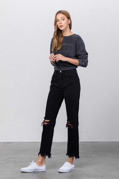 High Waist Ripped Frayed Hem Straight Black Jeans - Tigbul's Variety Fashion Shop