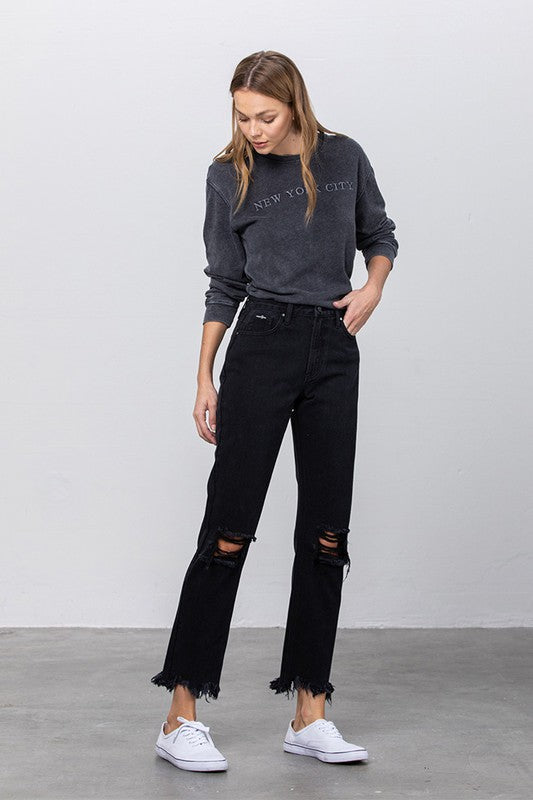High Waist Ripped Frayed Hem Straight Black Jeans - Tigbul's Variety Fashion Shop