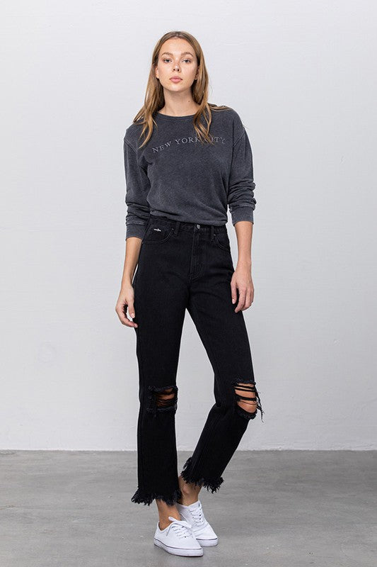 High Waist Ripped Frayed Hem Straight Black Jeans - Tigbul's Variety Fashion Shop
