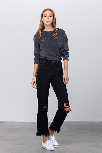 High Waist Ripped Frayed Hem Straight Black Jeans - Tigbul's Variety Fashion Shop