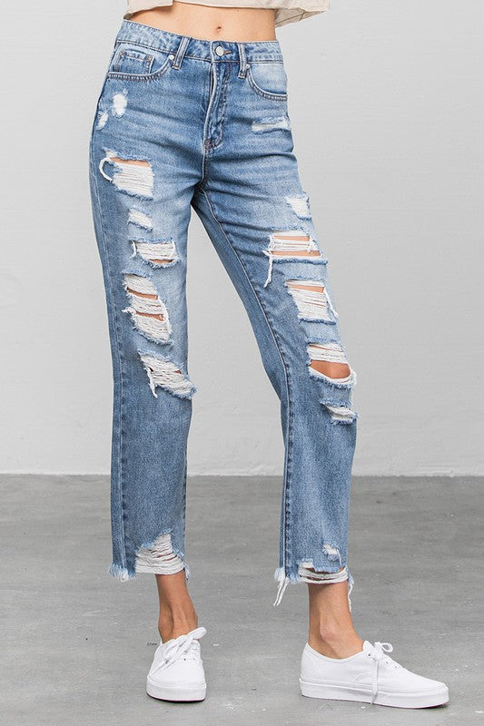 High Waist Ripped Raw Hem Girlfriend Jeans - Tigbul's Variety Fashion Shop