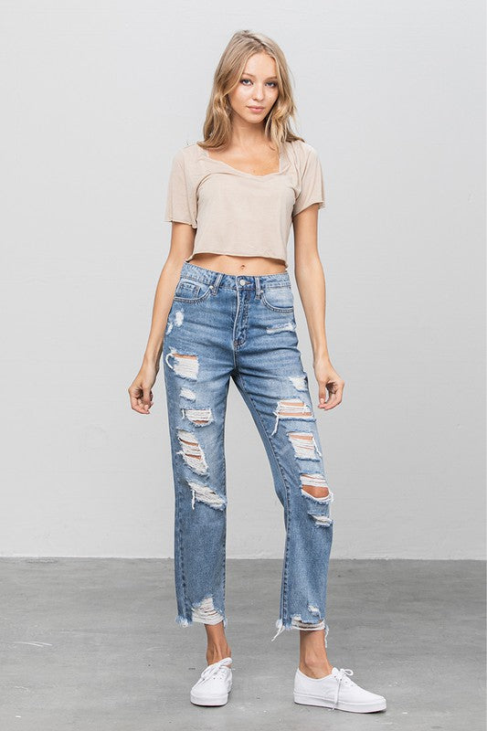 High Waist Ripped Raw Hem Girlfriend Jeans - Tigbul's Variety Fashion Shop