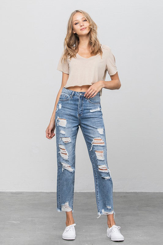 High Waist Ripped Raw Hem Girlfriend Jeans - Tigbul's Variety Fashion Shop