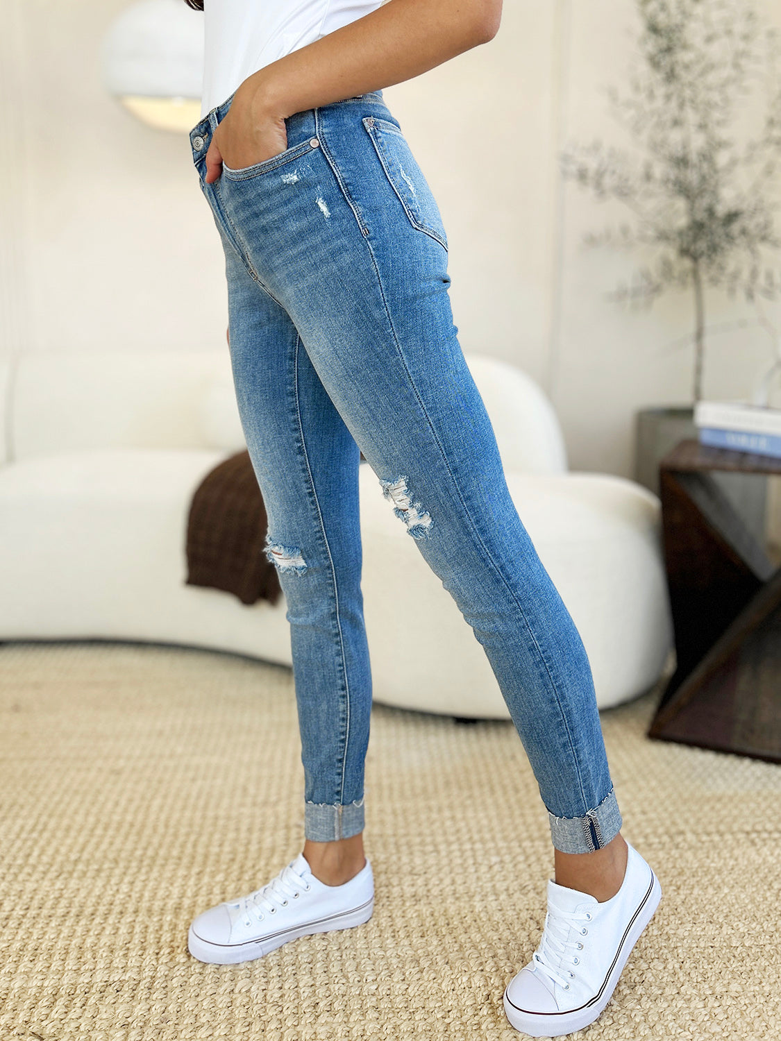 Judy Blue Full Size Mid Rise Destroy & Cuff Skinny Jeans - Tigbul's Variety Fashion Shop