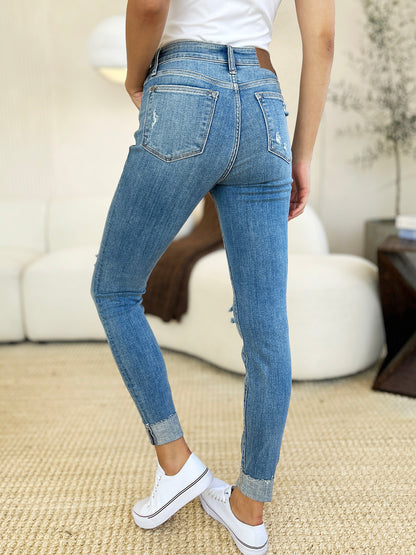 Judy Blue Full Size Mid Rise Destroy & Cuff Skinny Jeans - Tigbul's Variety Fashion Shop
