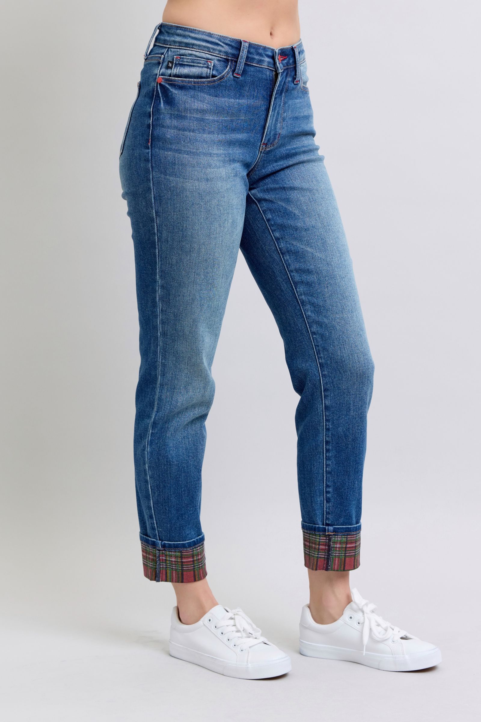 Medium wash straight-leg jeans with plaid cuff hem and front seam details