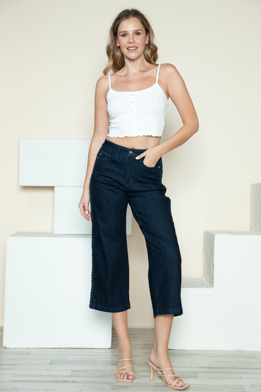 Trendsi dark blue crop wide-leg jeans with side braid detail, front pose