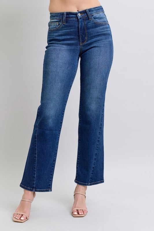 Medium-wash straight jeans with zip fly, belt loops, and front pockets