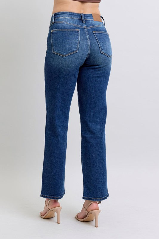 Medium-wash straight jeans with two back pockets and belt loops