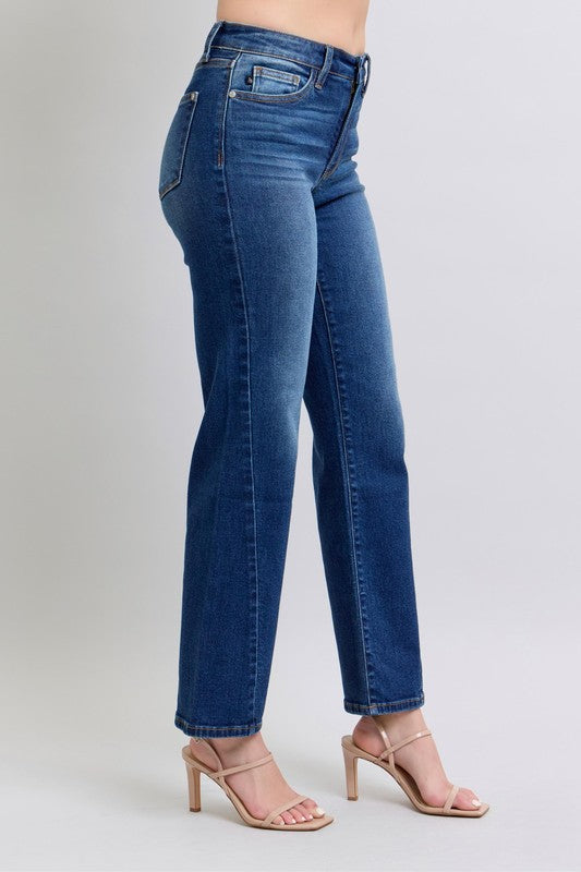 Medium-wash straight jeans with belt loops and side seam stitching
