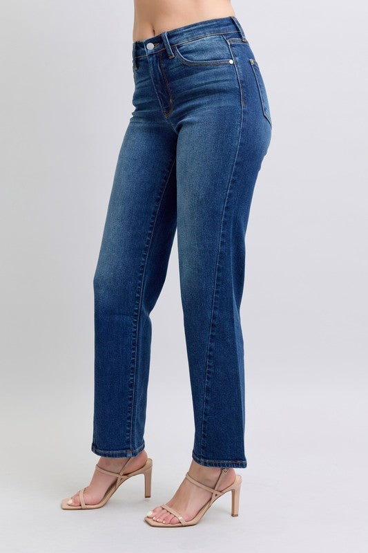 Medium-wash straight jeans with back pockets and straight-leg fit