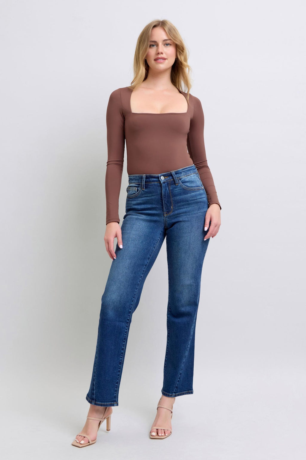 Judy Blue medium-wash straight jeans with side seam detail and front pockets
