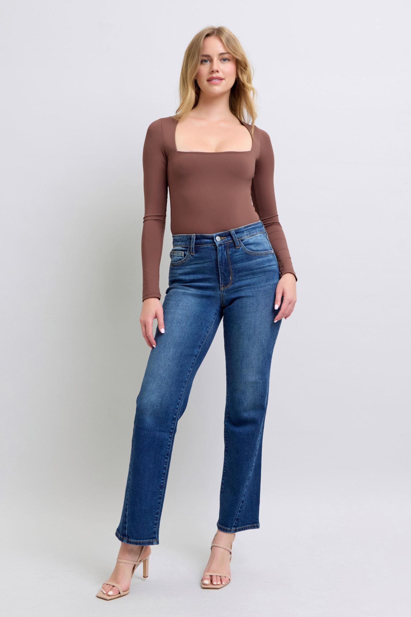Judy Blue medium-wash straight jeans with side seam detail and front pockets