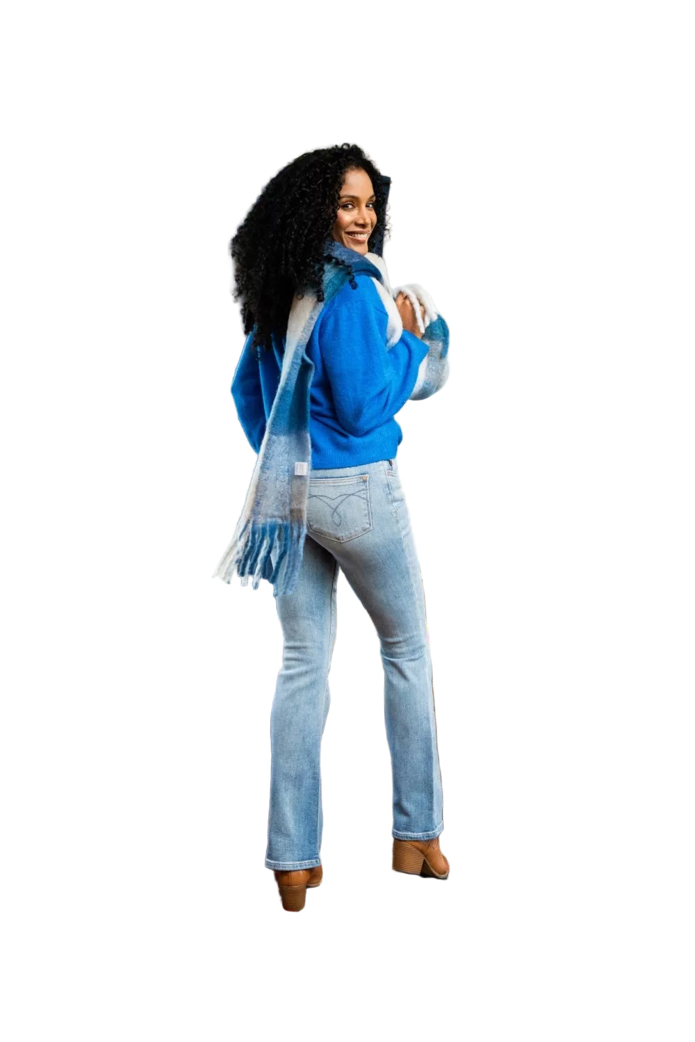 Light blue mid-rise bootcut jeans with classic five-pocket styling