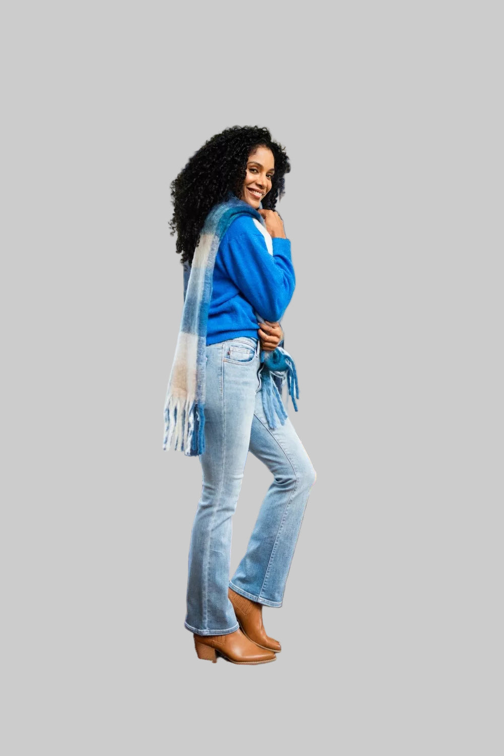 Light blue bootcut jeans with flare leg and mid-rise waistband