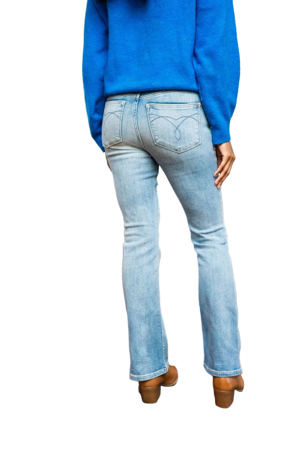 Light blue denim jeans with mid-rise waist, stitched front pockets