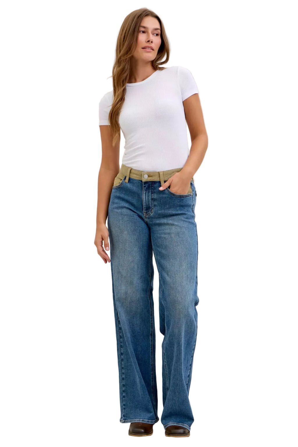 Judy Blue straight jeans with corduroy waist, medium blue wash, full-length front view