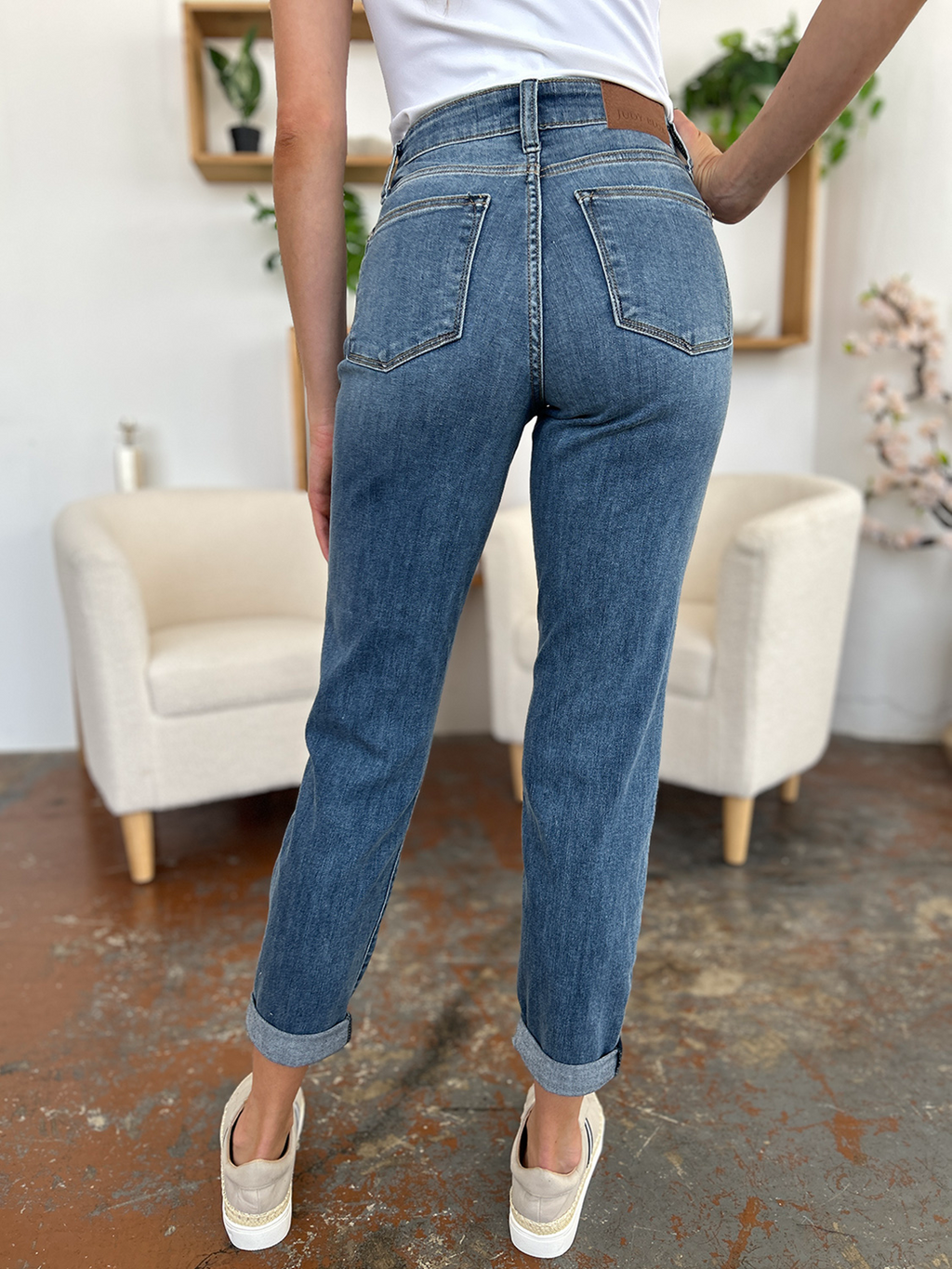 Judy Blue slim jeans with cuffed hems, medium blue wash and back patch pockets