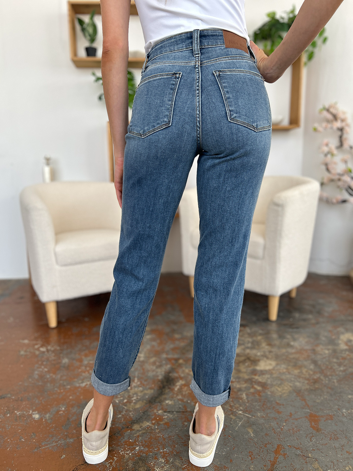Judy Blue slim jeans with cuffed hems, medium blue wash and back patch pockets