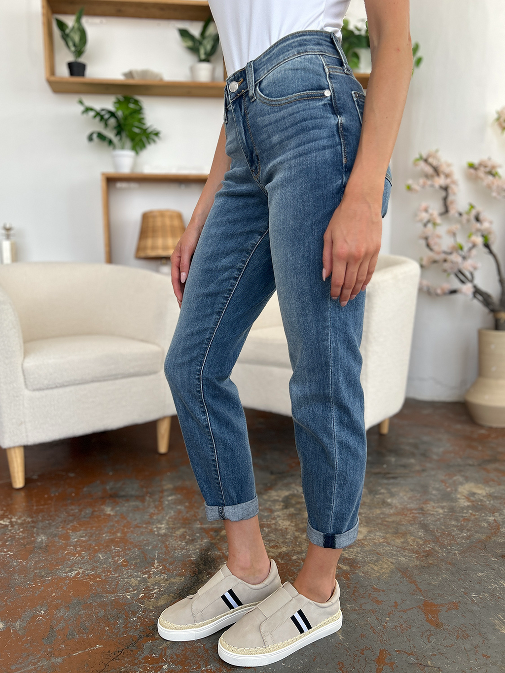 Judy Blue slim jeans, medium blue denim, back yoke and cuffed ankle hems