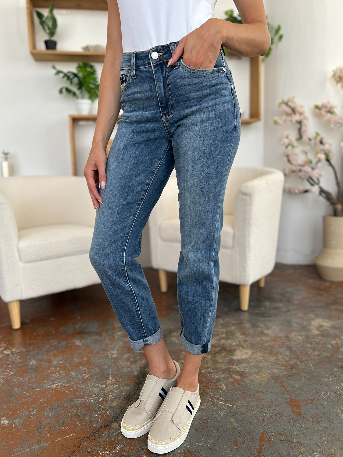 Judy Blue slim jeans with cuffed hem, medium blue wash, button fly