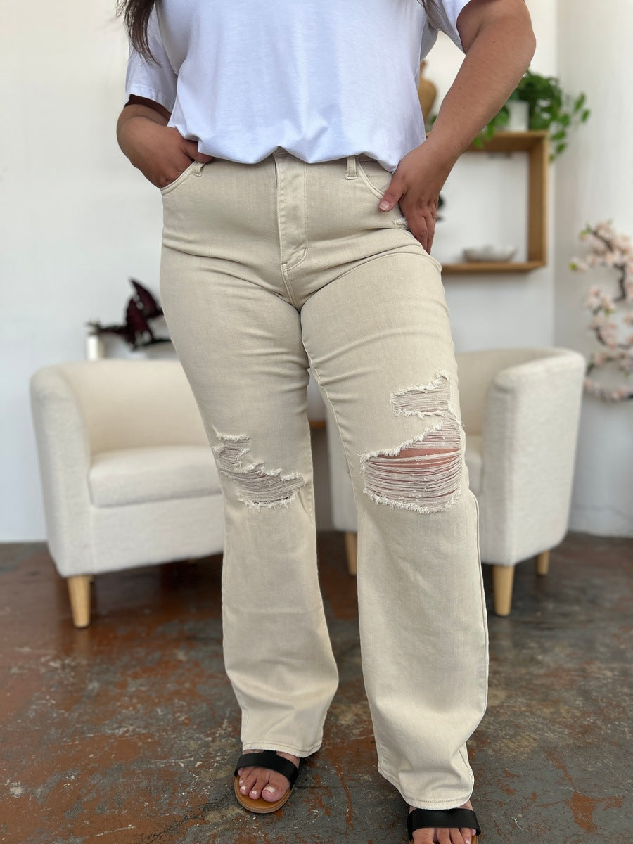 Judy Ivory Color High Waist Distressed Wide Leg Jeans - Tigbul's Variety Fashion Shop