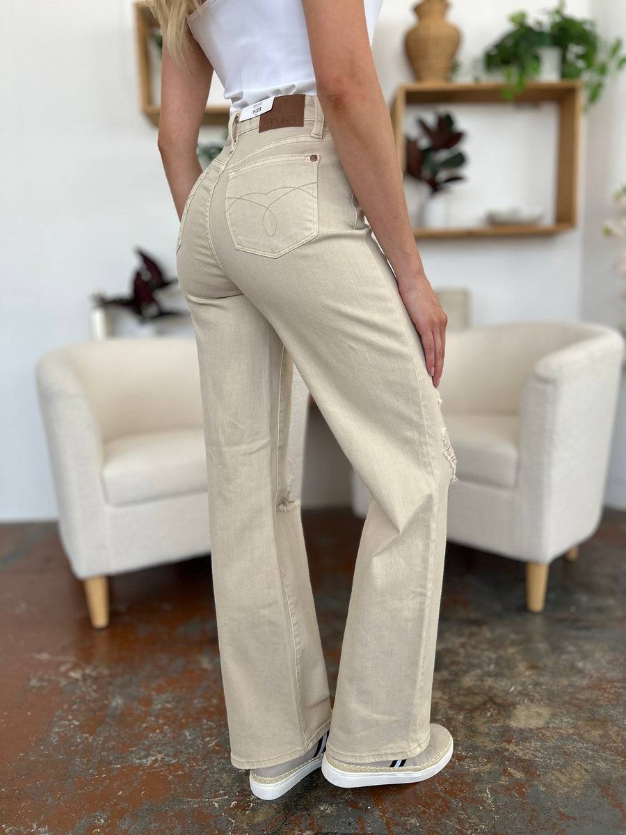 Judy Ivory Color High Waist Distressed Wide Leg Jeans - Tigbul's Variety Fashion Shop