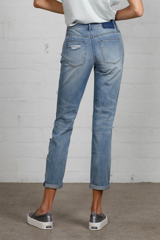 Ladies Distressed Girlfriend Denim Jean Cropped Pants - Tigbul's Variety Fashion Shop