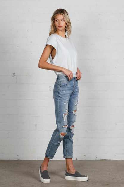 Ladies Distressed Girlfriend Denim Jean Cropped Pants - Tigbul's Variety Fashion Shop