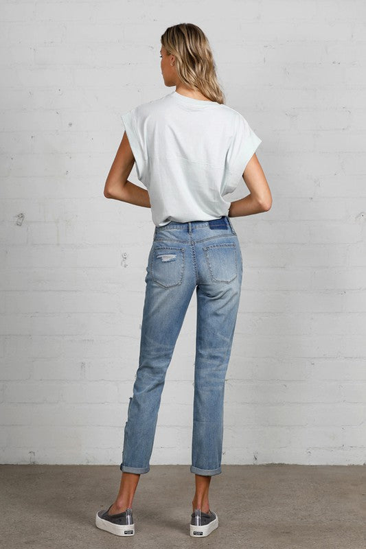 Ladies Distressed Girlfriend Denim Jean Cropped Pants - Tigbul's Variety Fashion Shop