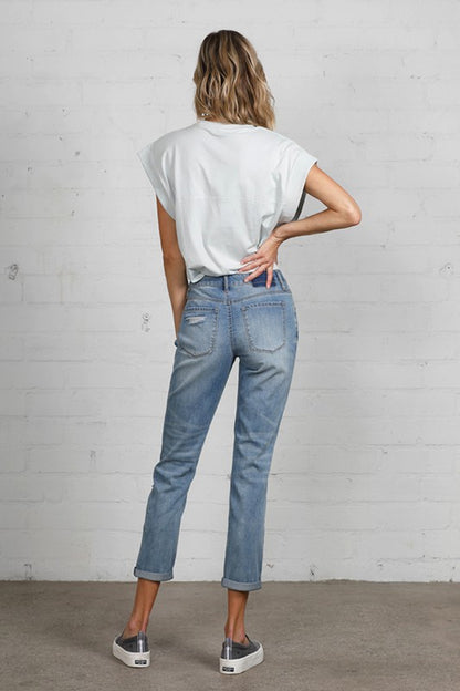 Ladies Distressed Girlfriend Denim Jean Cropped Pants - Tigbul's Variety Fashion Shop