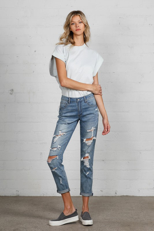 Ladies Distressed Girlfriend Denim Jean Cropped Pants - Tigbul's Variety Fashion Shop