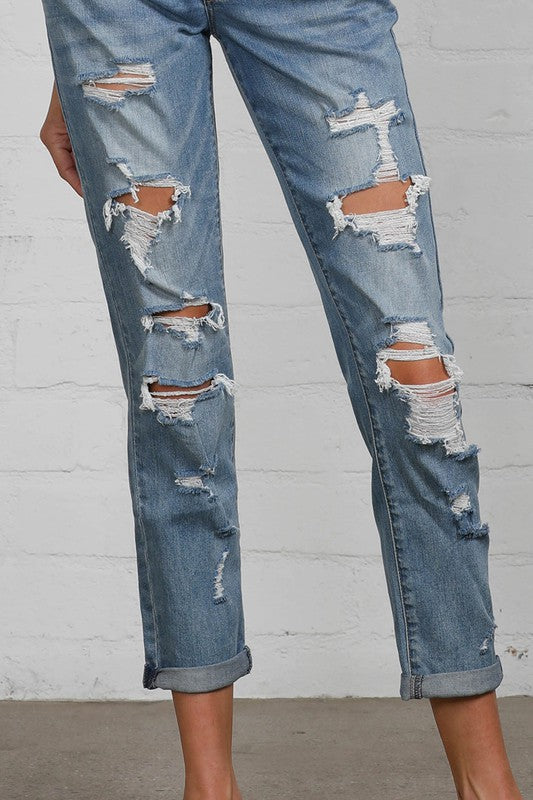 Ladies Distressed Girlfriend Denim Jean Cropped Pants - Tigbul's Variety Fashion Shop
