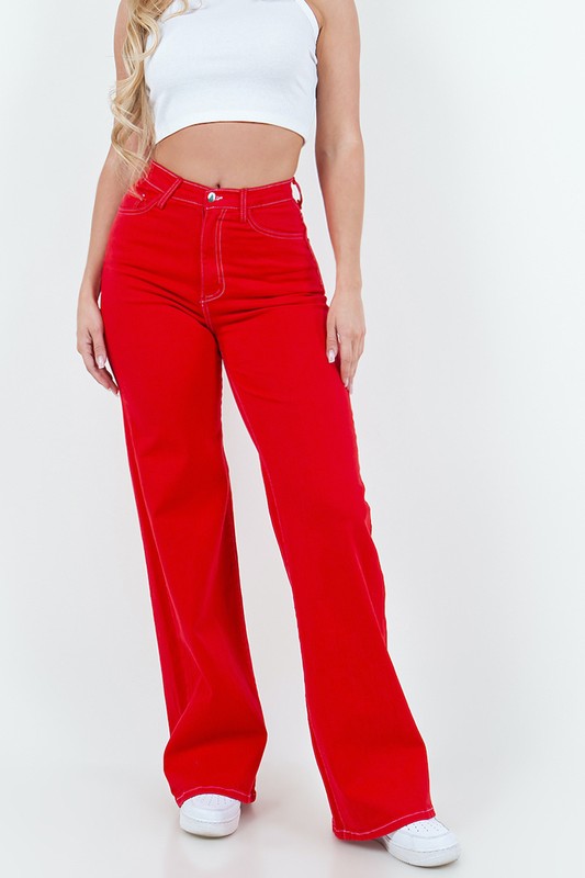 Red high-rise wide-leg jeans with button closure, front slant pockets