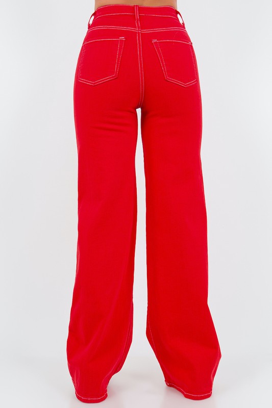 Red high-rise wide-leg jeans with back yoke and two back patch pockets